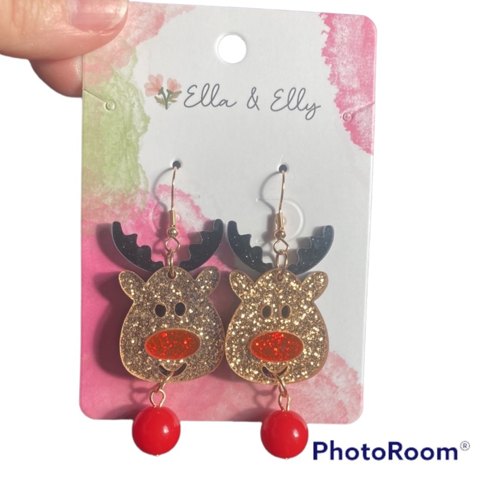 Ella & Elly Brown & Goldtone Deer Drop Earrings Rudolph Christmas Holiday New